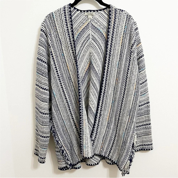 Woven Blanket Open Front Pottery Cardigan boho large cream blue cotton relaxed - Picture 3 of 10